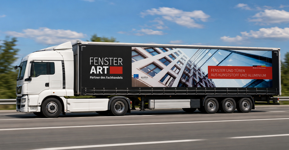 Blick auf fahrenden LKW mit FENSTERART Werbung